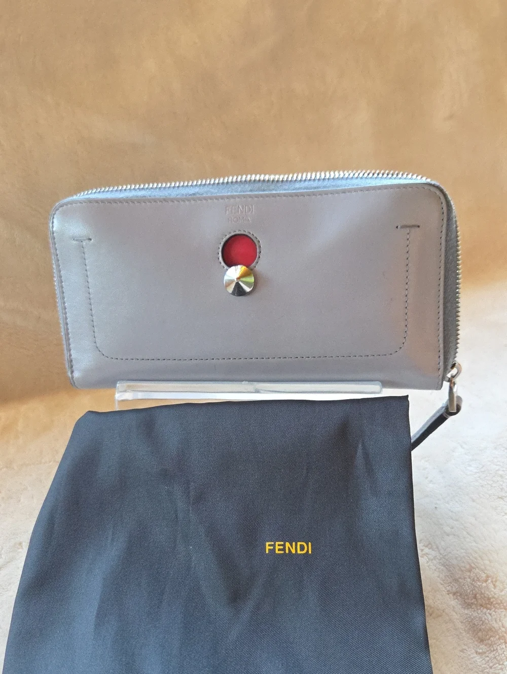 Fendi Light Gray Leather Zip Wallet with Coral Accent Button